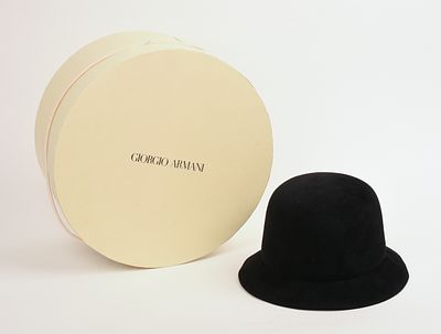GIORGIO ARMANI VELOUR HAT, SIZE 58. In original box, head diameter 7 inches.