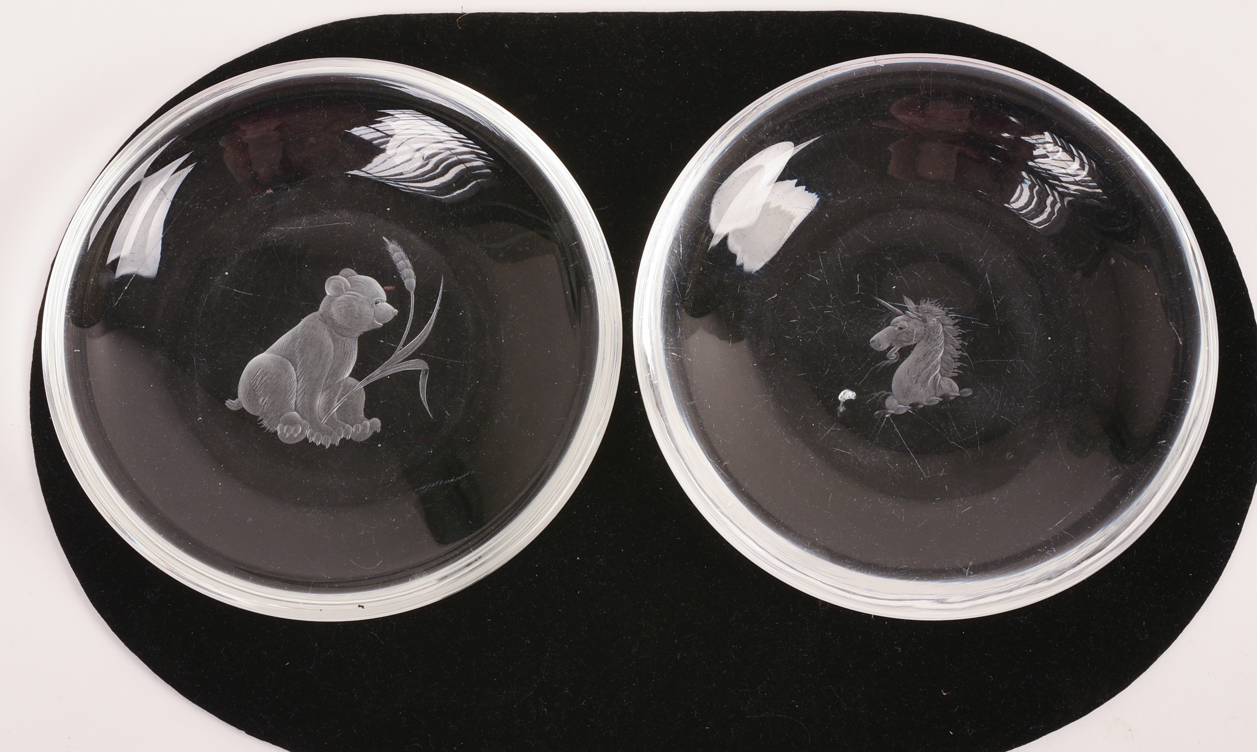 FIVE STEUBEN ETCHED GLASS DISHES