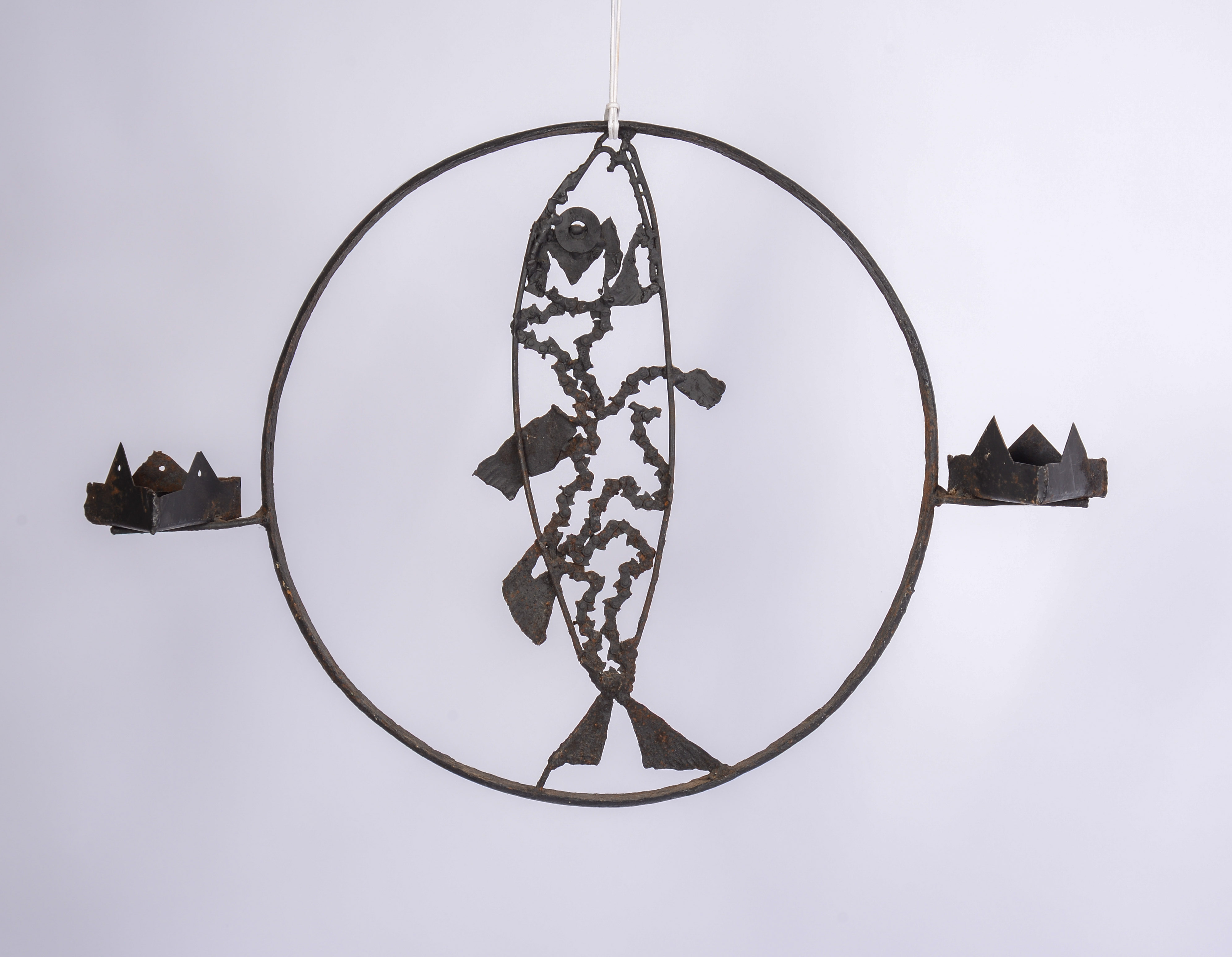 BRUTALIST WROUGHT IRON FISH DOUBLE SCONCE