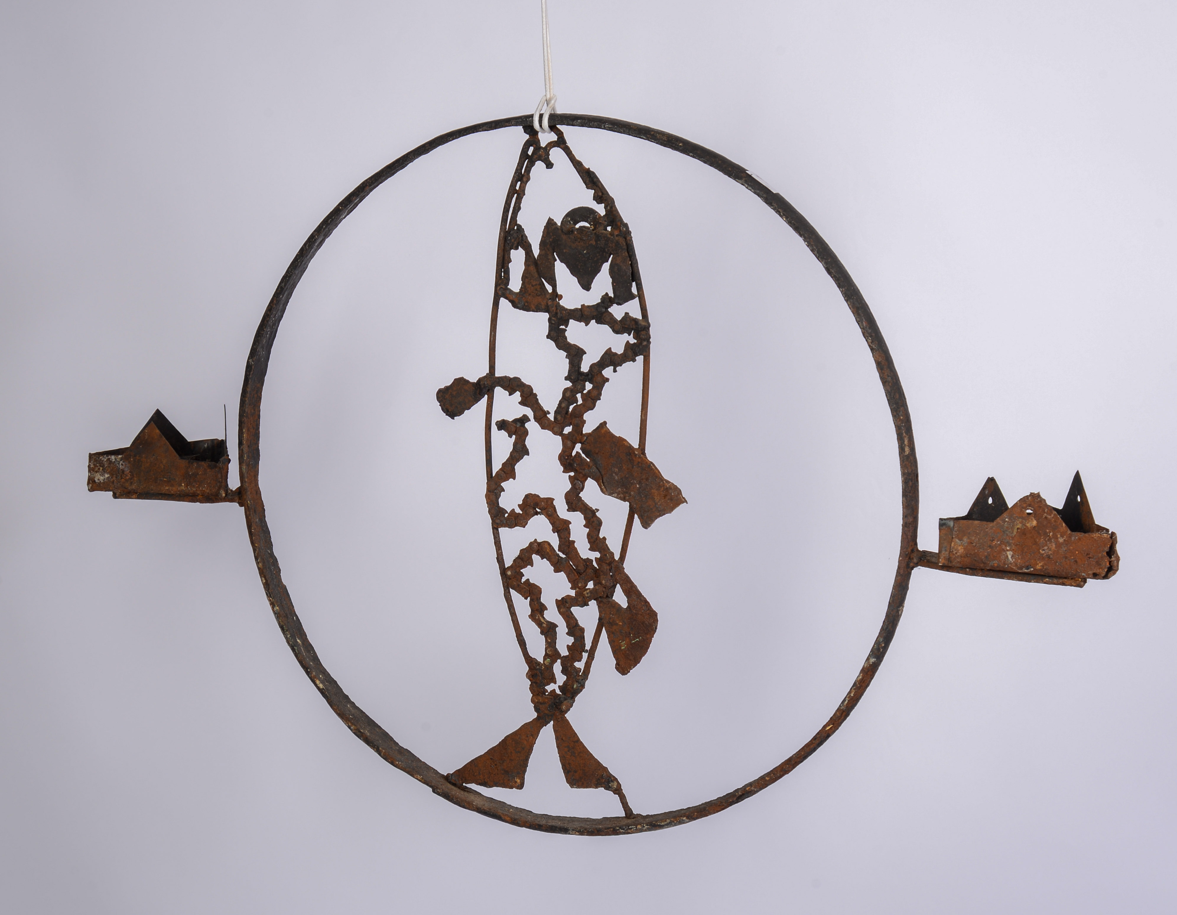 BRUTALIST WROUGHT IRON FISH DOUBLE SCONCE