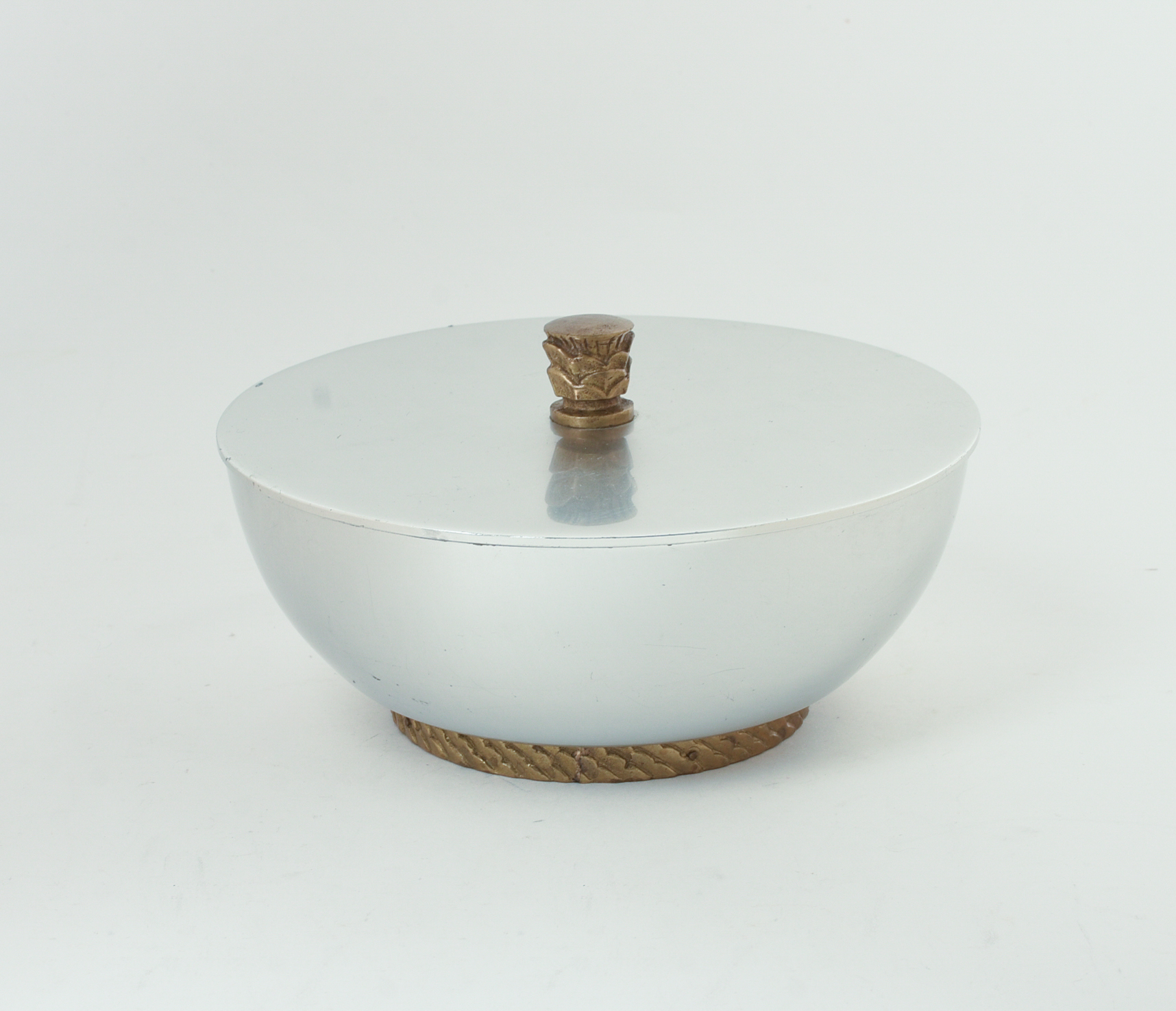MID CENTURY ALUMINUM LIDDED BOWL.