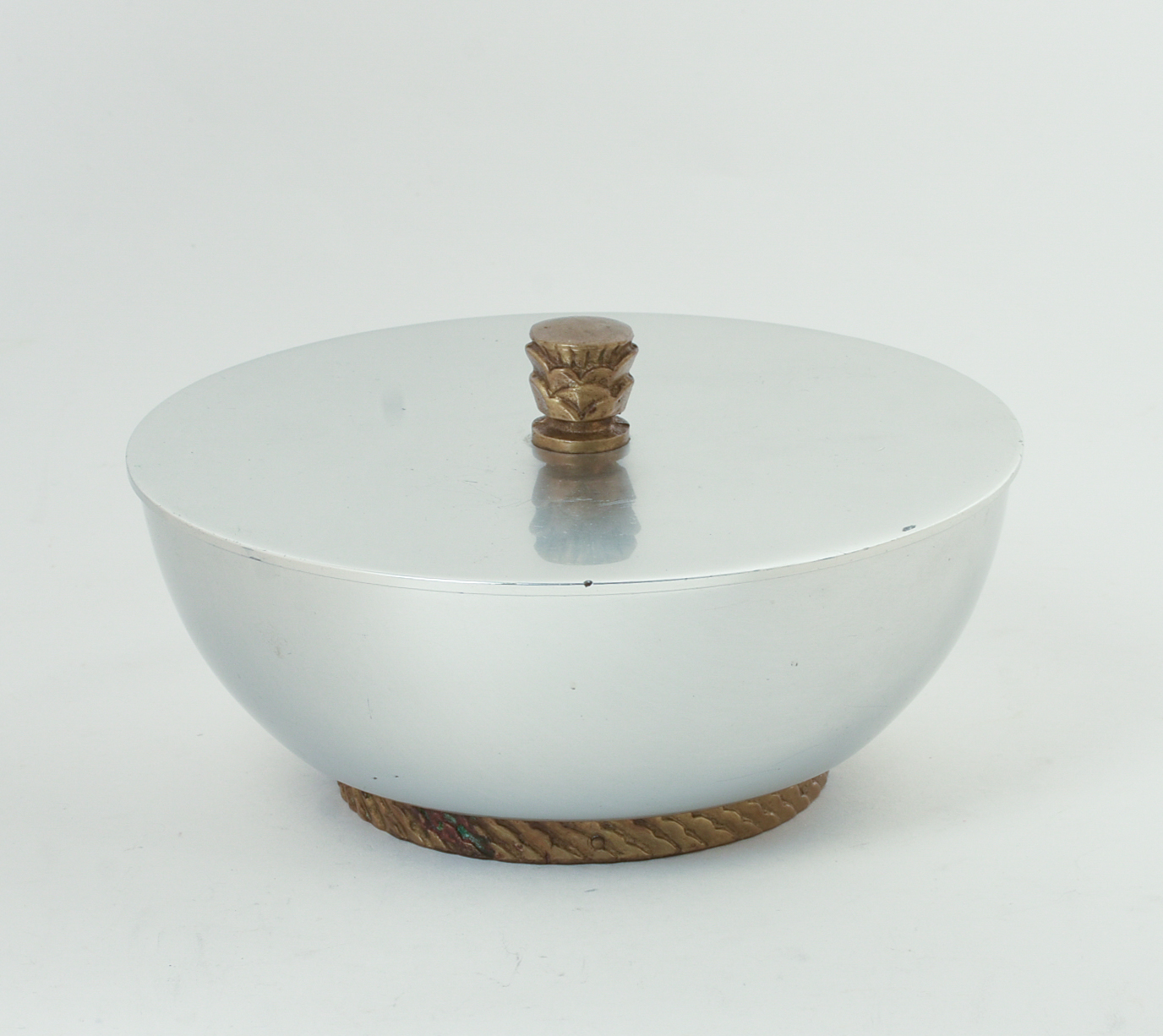 MID CENTURY ALUMINUM LIDDED BOWL.