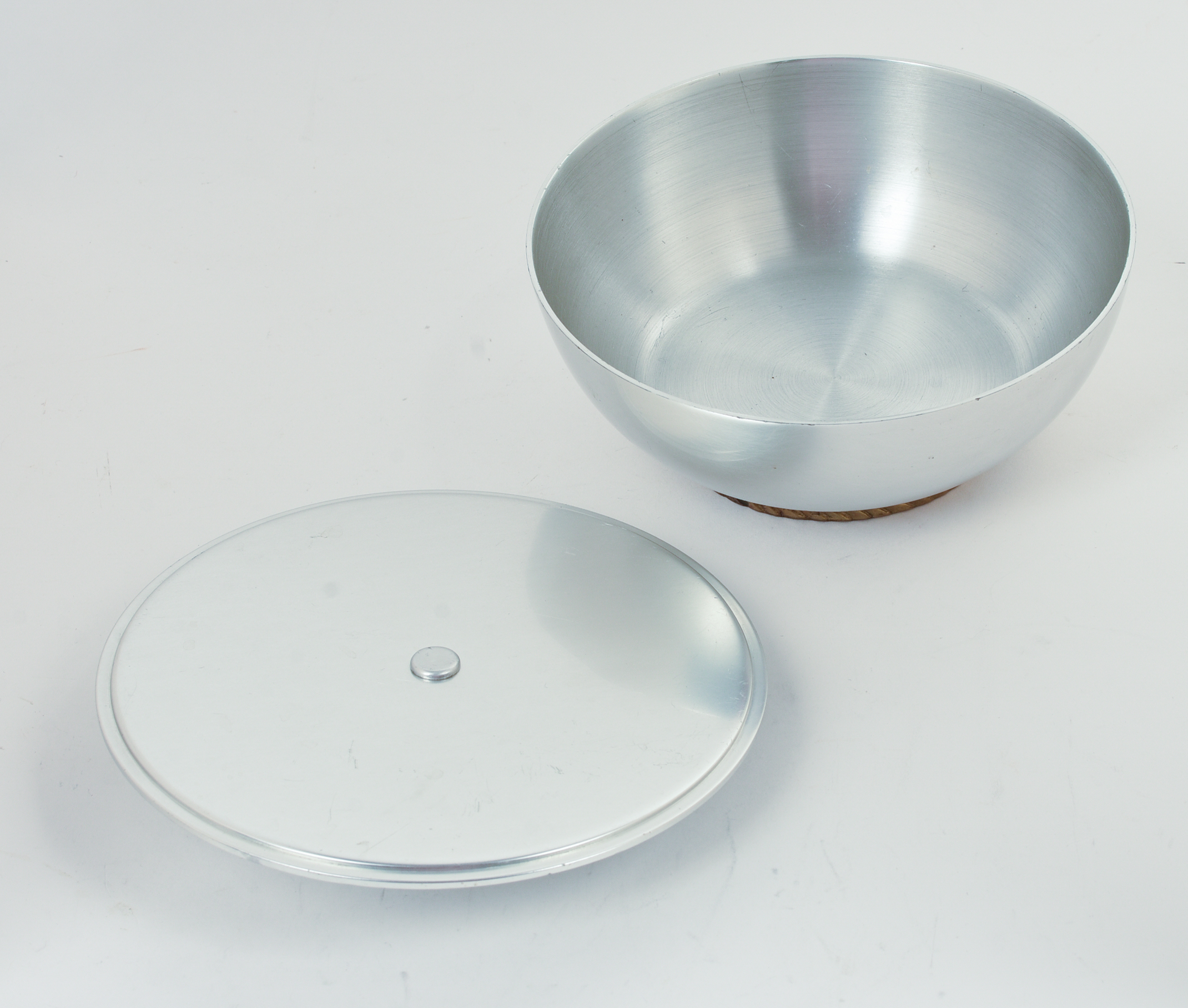 MID CENTURY ALUMINUM LIDDED BOWL.