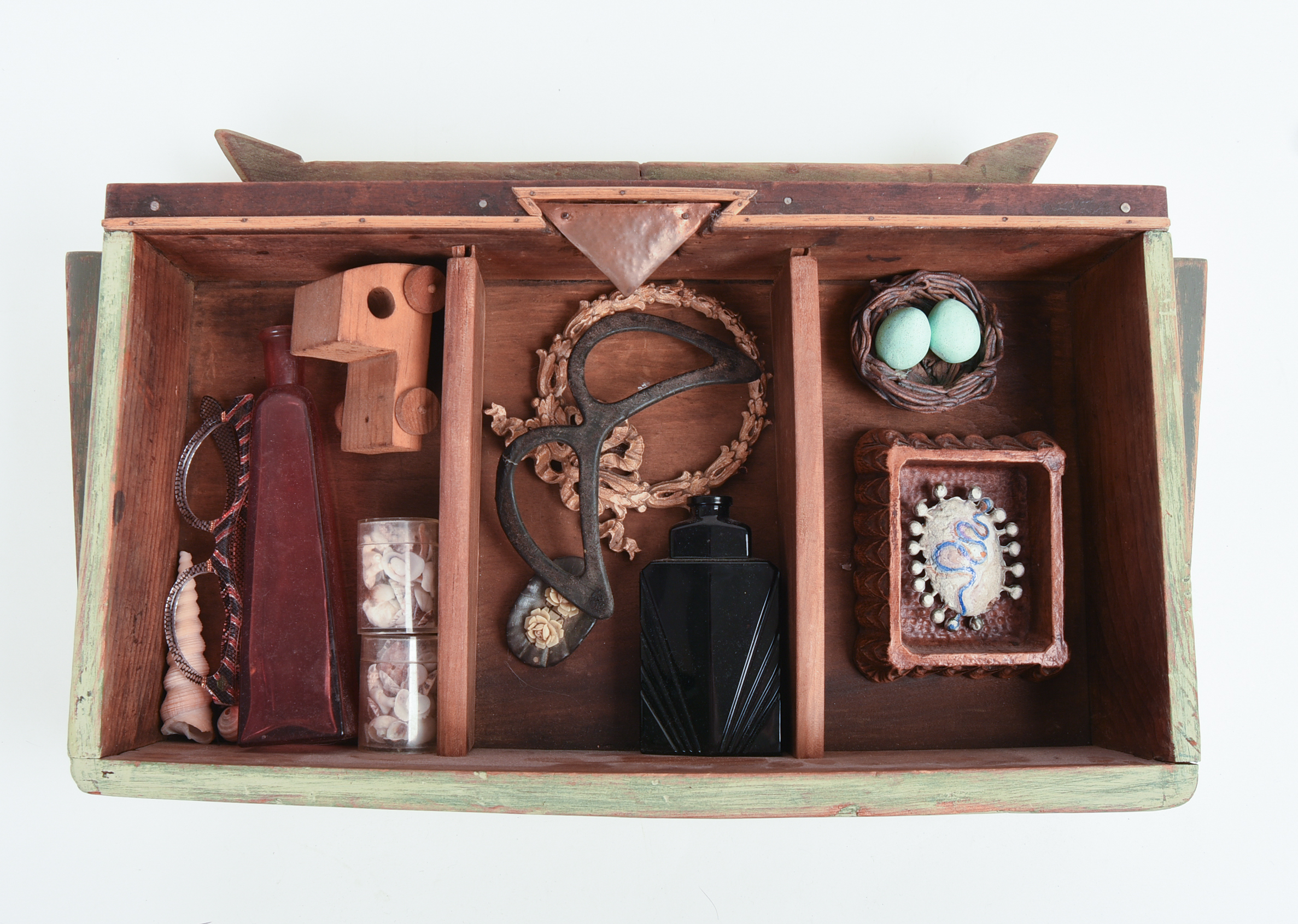 MODERN SHADOW BOX WITH ASSEMBLED ITEMS.
