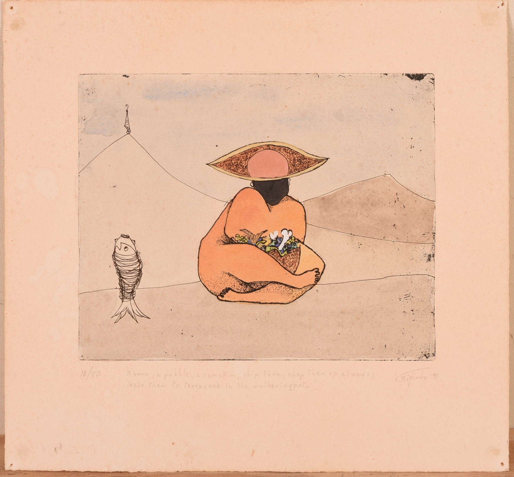 HAND COLORED ENGRAVING WITH WOMAN AND FISH.