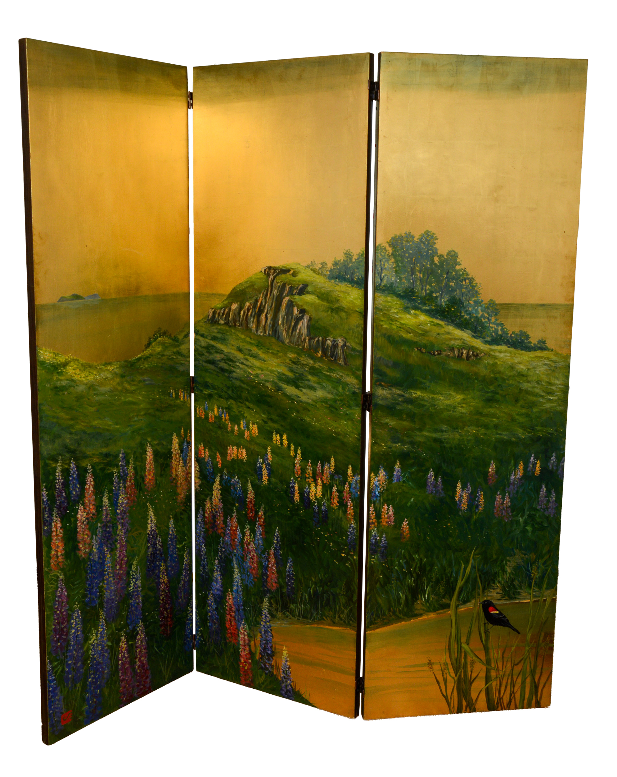 JOHN SQUADRA (B. 1932). PAINTED SCREEN WITH BLACKBIRD.