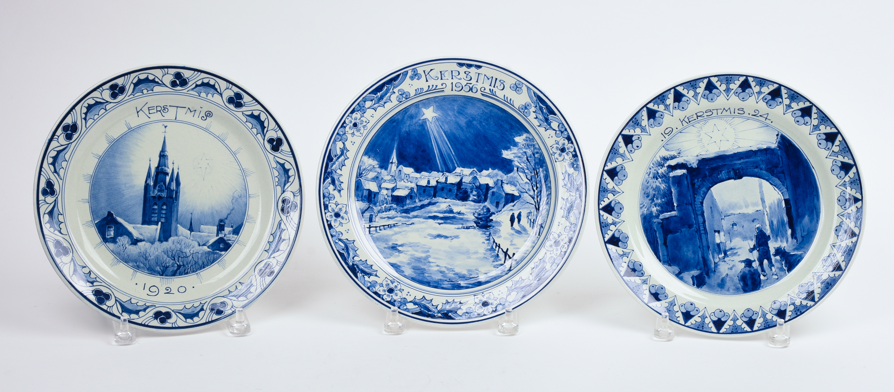 THREE DUTCH DELFT CHRISTMAS PLATES.