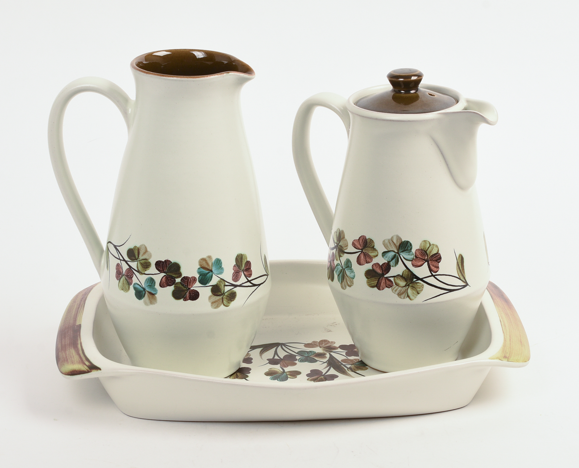 TWO DENBY PORCELAIN PITCHERS AND A DISH.
