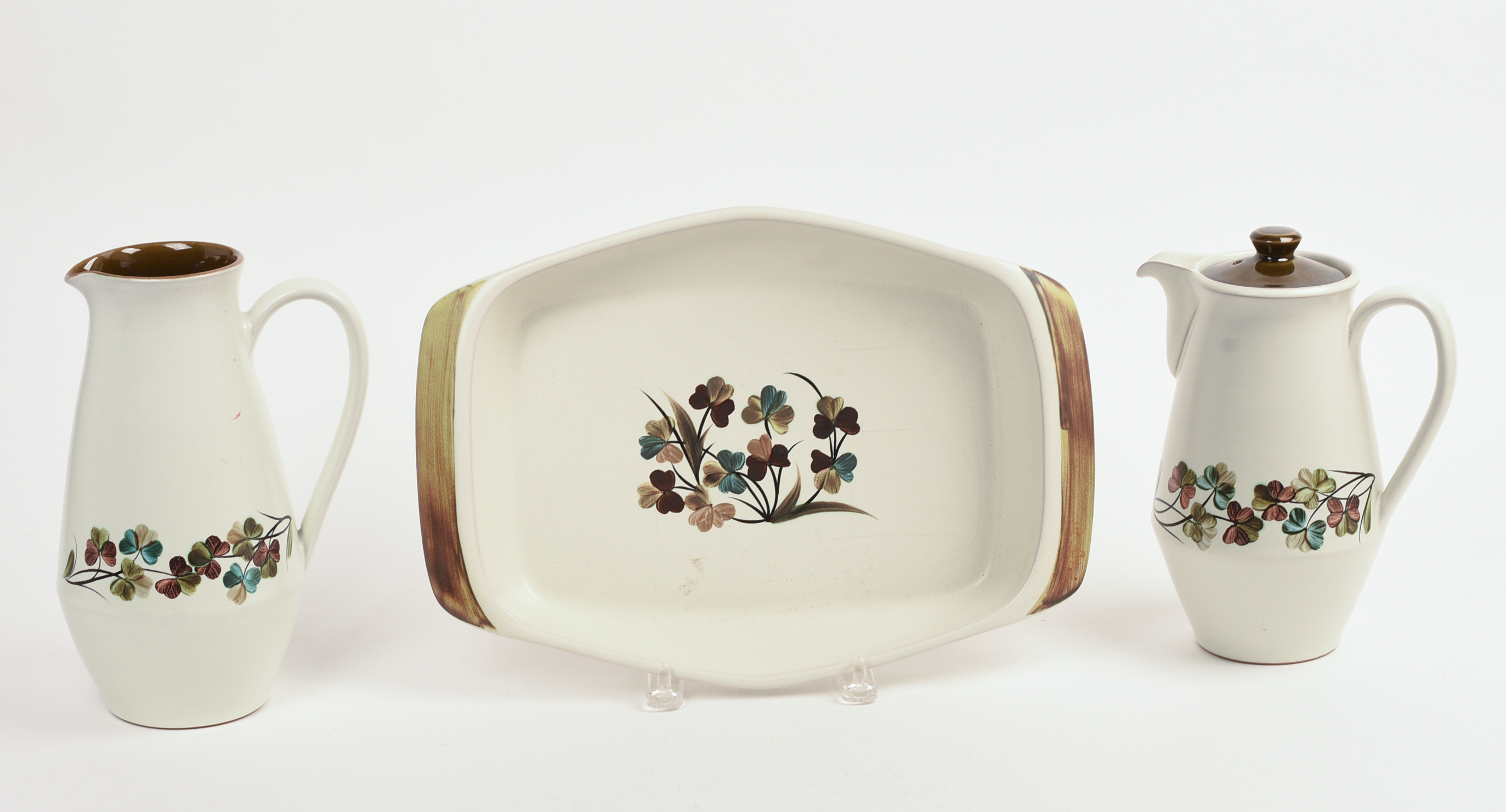 TWO DENBY PORCELAIN PITCHERS AND A DISH.