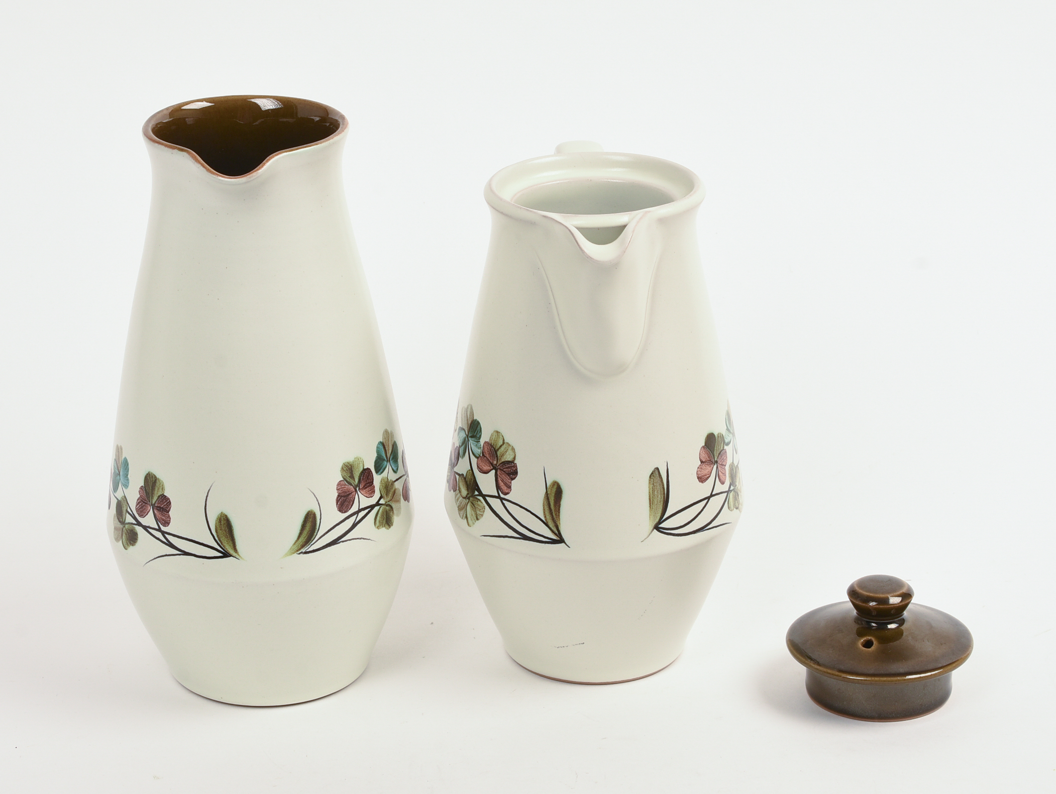 TWO DENBY PORCELAIN PITCHERS AND A DISH.