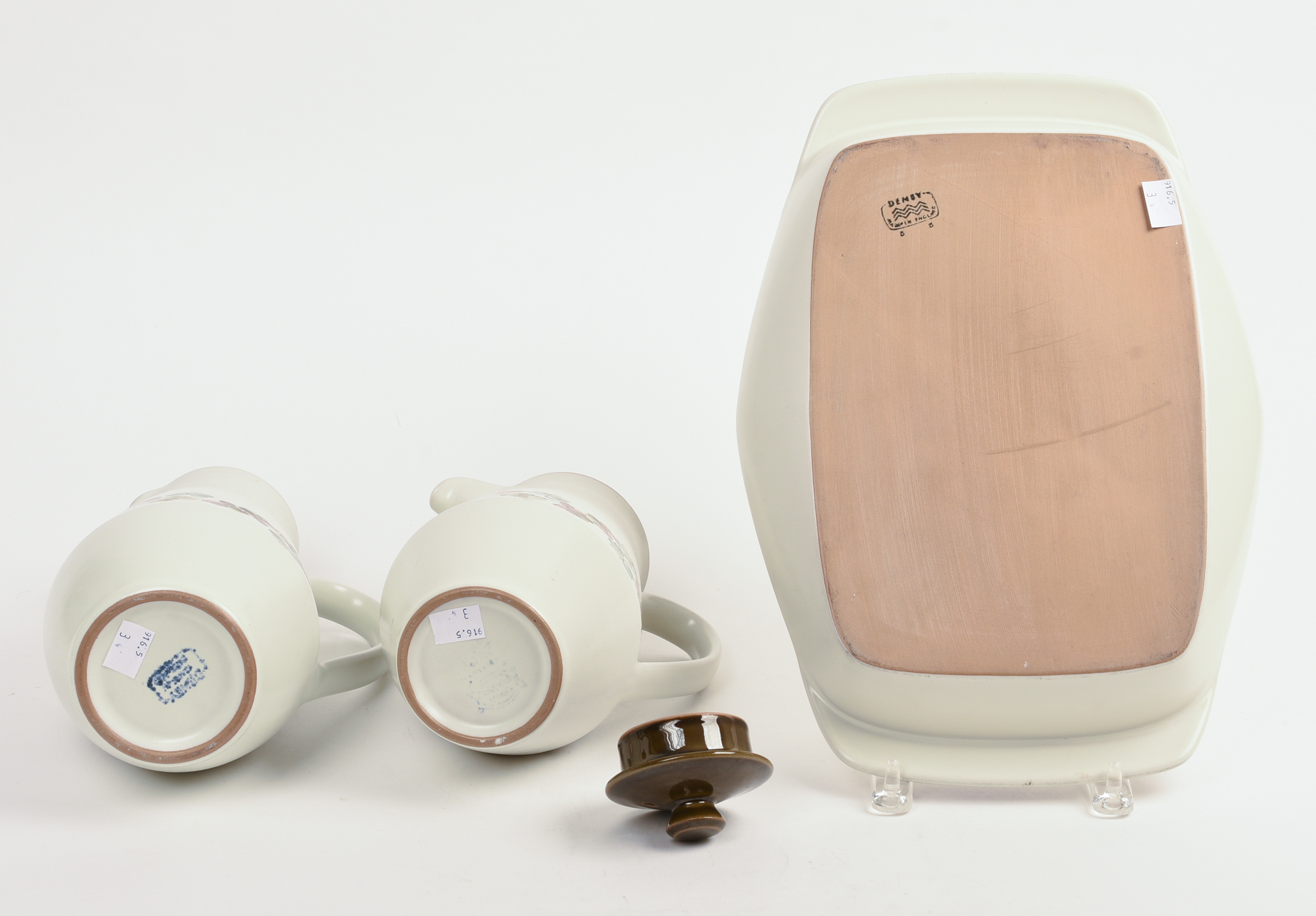 TWO DENBY PORCELAIN PITCHERS AND A DISH.