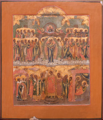 IC&Ocirc;NE &laquo; Intercession de la M&egrave;re de Dieu &raquo; Russie, XIXe si&egrave;cle Tempera sur bois 36 x 31 cm. En 