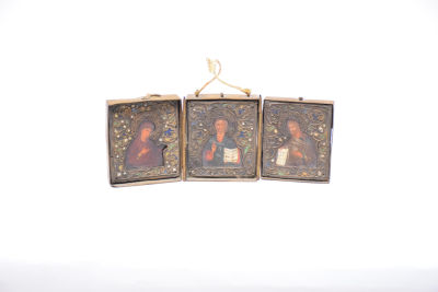 Ic&ocirc;ne tryptique &laquo; Christ Pantocrator, Vierge Marie et saint Jean le Baptiste &raquo;Russie, XIXe 
