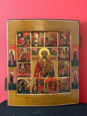 Ic&ocirc;ne &laquo; Saint Nicolas et sc&egrave;nes de sa vie &raquo;Russie, XIXe si&egrave;cleTempera sur bois36 x 30 cm. A.B.E 