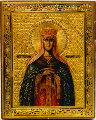 Icône « Sainte Olga »Russie, début XXe siècleTempera et peinture d’or sur bois22 x 18 cmИкона «