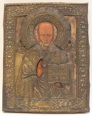 Icône « Saint Nicolas »Russie, XIXe siècleTempera sur bois. Oklad en métal repoussé22 х 17,5