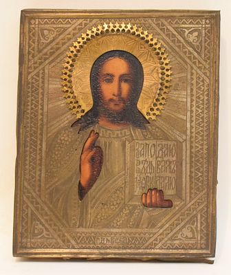 Icône « Christ Pantocrator »Russie, début XXe siècleTempera sur bois. Oklad en métal18 х 14,5