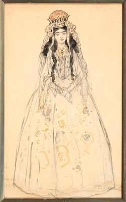 ECOLE RUSSE, XXe siècleProjet de costumeAquarelle sur papierSigné et annoté (mal lisible)34 x 
