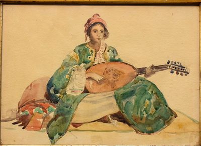 ECOLE RUSSE, XXe siècleFemme au luthAquarelle sur papier24,5 x 34,5 cm (à vue)НЕИЗВЕСТНЫЙ 