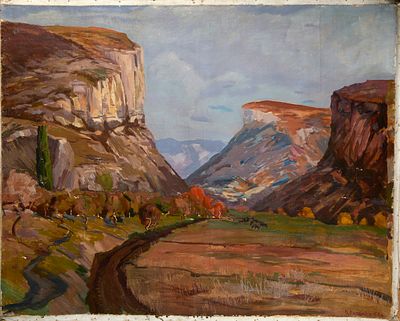 KARAHAN Nicolas (1900-1970)Paysage de montagnes, 1953Huile sur toileSigné en bas à droite85 x 