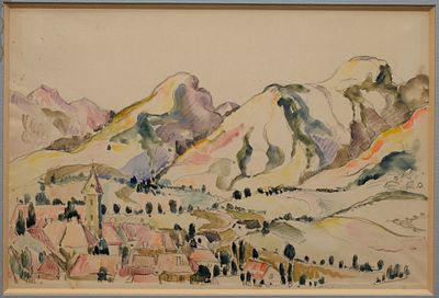 ECOLE RUSSE, XXe sièclePaysage de montagnesAquarelle et crayon sur papierSigné en bas à gauche 