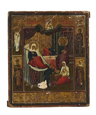 IC&Ocirc;NE &laquo; NAISSANCE DE LA VIERGE &raquo; 
Russie, XIXe si&egrave;cle
Tempera sur bois
22 х 18,5 cm, en l’&eacute;tat 