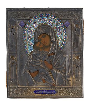 IC&Ocirc;NE &laquo;VIERGE DE VLADIMIR&raquo;
Russie, XIXe si&egrave;cle
Tempera sur bois. Oklad en argent et &eacute;mail 