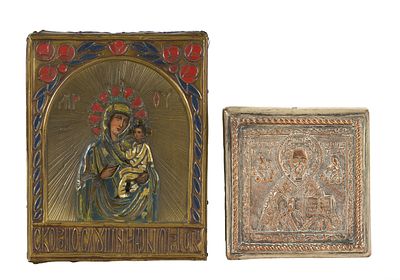 LOT de deux ic&ocirc;nes : 1) Ic&ocirc;ne &laquo; La M&egrave;re de Dieu la Prompte &agrave; l'&eacute;coute &raquo;. Russie, XXe si&egrave;cle. 
