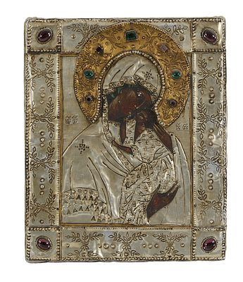 Ic&ocirc;ne &laquo; Vierge &agrave; l’enfant &raquo;
Travail d’&eacute;migration, XXe si&egrave;cle
Huile sur bois. Oklad en m&eacute;tal 