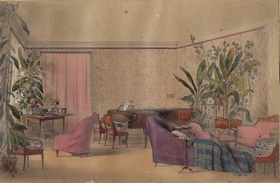 CHARLEMAGNE Adolphe (1826-1901)
Vue d’int&eacute;rieur, 1855
Aquarelle sur papier, contrecoll&eacute;e sur 