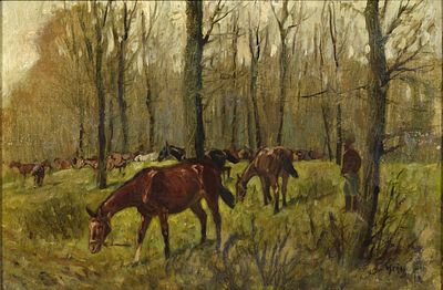 &Eacute;COLE RUSSE, XIXe si&egrave;cle
Chevaux dans une for&ecirc;t
Huile sur toile
Sign&eacute; en bas &agrave; droite (mal 