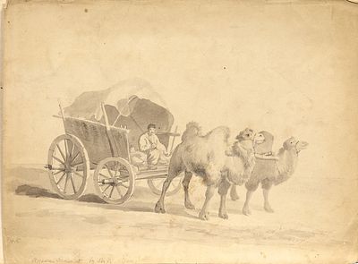 ECOLE ANGLAISE, d&eacute;but XXe si&egrave;cle
Balade dans le d&eacute;sert
Crayon sur papier
Annot&eacute; &laquo; Russian 