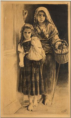 ECOLE RUSSE, XIXe – XXe si&egrave;cles
Petites mendiantes. Copie d’un tableau de M. Bouguereau. 