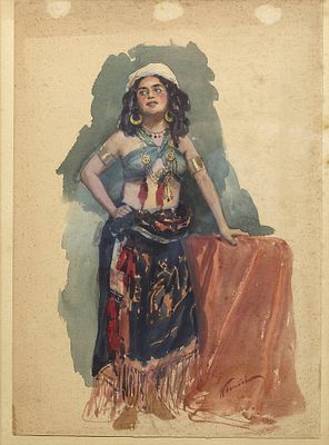 BOGATOV Nikolai (1854-1935)
Gitane
Aquarelle sur papier
Sign&eacute; en bas &agrave; droite
37,5 x 26 cm 