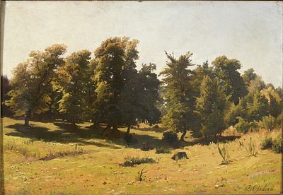 ORLOVSKII Vladimir (1842-1914)
Paysage de for&ecirc;t
Huile sur toile, contrecoll&eacute;e sur carton
Sign&eacute; 
