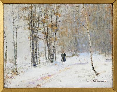 POKHITONOV Ivan (1850-1923)
L&eacute;on Tolsto&iuml; m&eacute;ditant en for&ecirc;t, 1905
Huile sur panneau
Sign&eacute; &laquo; I. 