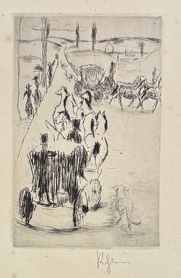 ECOLE RUSSE, d&eacute;but XXe si&egrave;cle
Balade en cal&egrave;ches
Eau-forte
Sign&eacute; en bas &agrave; droite (mal lisible) 