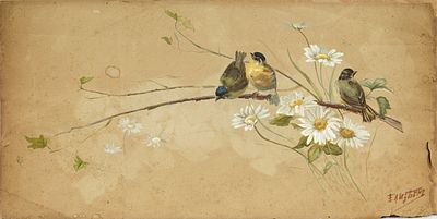 BEM Elisabeth (1843-1914)
Des m&eacute;sanges sur une branche
&Eacute;tude avec des roses au dos
Aquarelle 