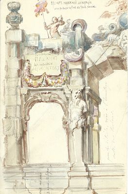 ECOLE RUSSE, fin XIXe si&egrave;cle
Projet de sc&egrave;ne
Aquarelle sur papier
Annot&eacute;, n’est pas sign&eacute;
26 х 