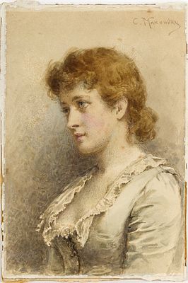 MAKOVSKY Constantin (1839-1915)
Portrait d’une jeune femme
Aquarelle sur papier, contrecoll&eacute;e 
