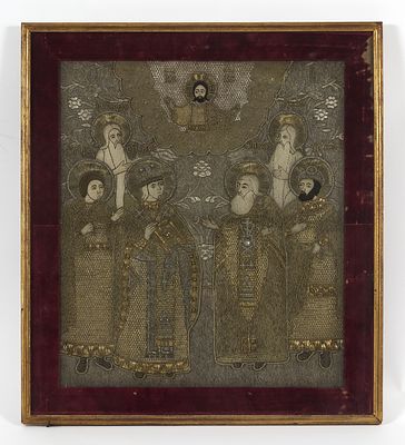 IC&Ocirc;NE tiss&eacute;e et brod&eacute;e &laquo; Les saints choisis&raquo;
Russie, XIXe si&egrave;cle.
Fils dor&eacute;s et argent&eacute;s 
