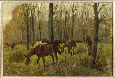 &Eacute;COLE RUSSE, XIXe si&egrave;cle
Chevaux dans une for&ecirc;t
Huile sur toile
Sign&eacute; en bas &agrave; droite (mal 