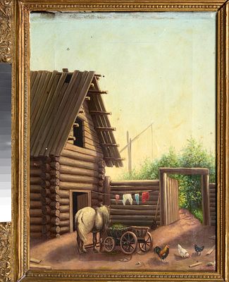 ECOLE RUSSE, fin XIXe si&egrave;cle
Cour du village, 1899
Huile sur toile
Monogramm&eacute; &laquo; A.B &raquo; et dat&eacute; &laquo; 
