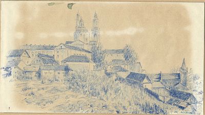 YUON Constantin (1875-1958)
Vue sur l'&eacute;glise
Papier, encre bleue
Sign&eacute; en bas &agrave; droite
13,5 &times; 