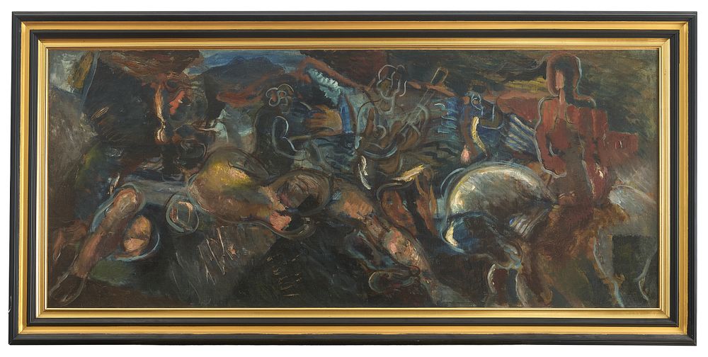 BARANOV-ROSSINE Vladimir (1888-1944)
Faune et Centaure
Huile sur toile (rentoil&eacute;e)
77 х 184 cm 
