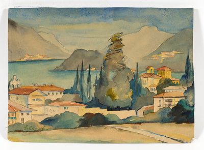 SOLOGOUB L&eacute;onide (1884-1956)
Paysage de bord de mer
Aquarelle sur papier
Sign&eacute; en bas &agrave; gauche 