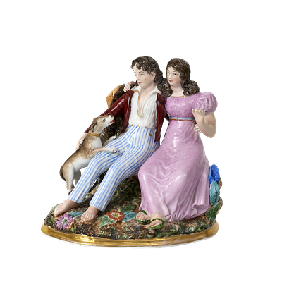 FIGURINE &laquo; Paul et Virginie avec un chien &raquo;
Russie, Manufacture priv&eacute;e d’A. Popov, seconde 