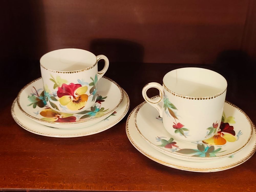 Vintage Tuscan bone china two pansy tea-set trios.