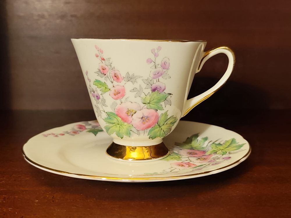 Old Royal bone china - Holly Hock tea-cup with saucer.