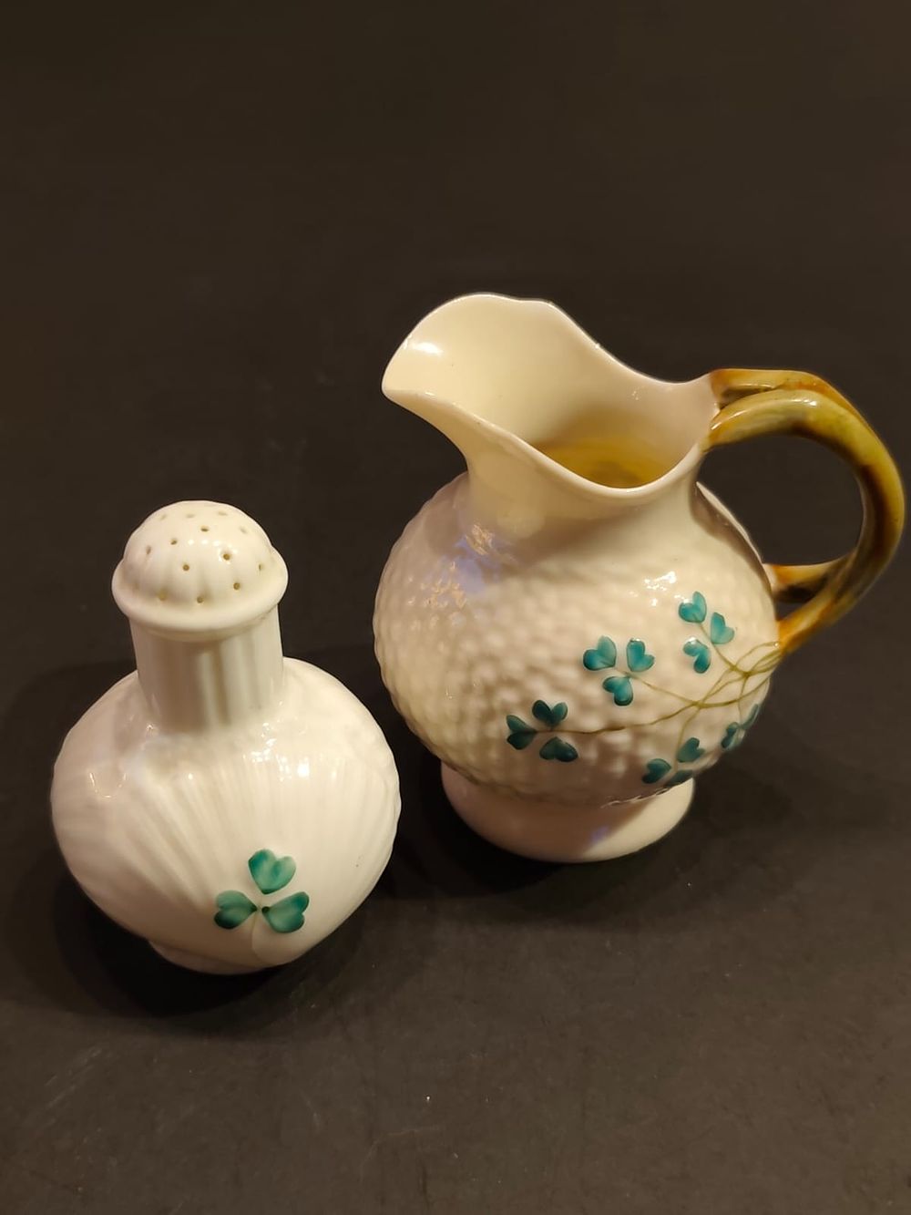 Belleek creamer and salter, Fields of Shamrock pattern. Unmarked. Unmarked items. Creamer's 